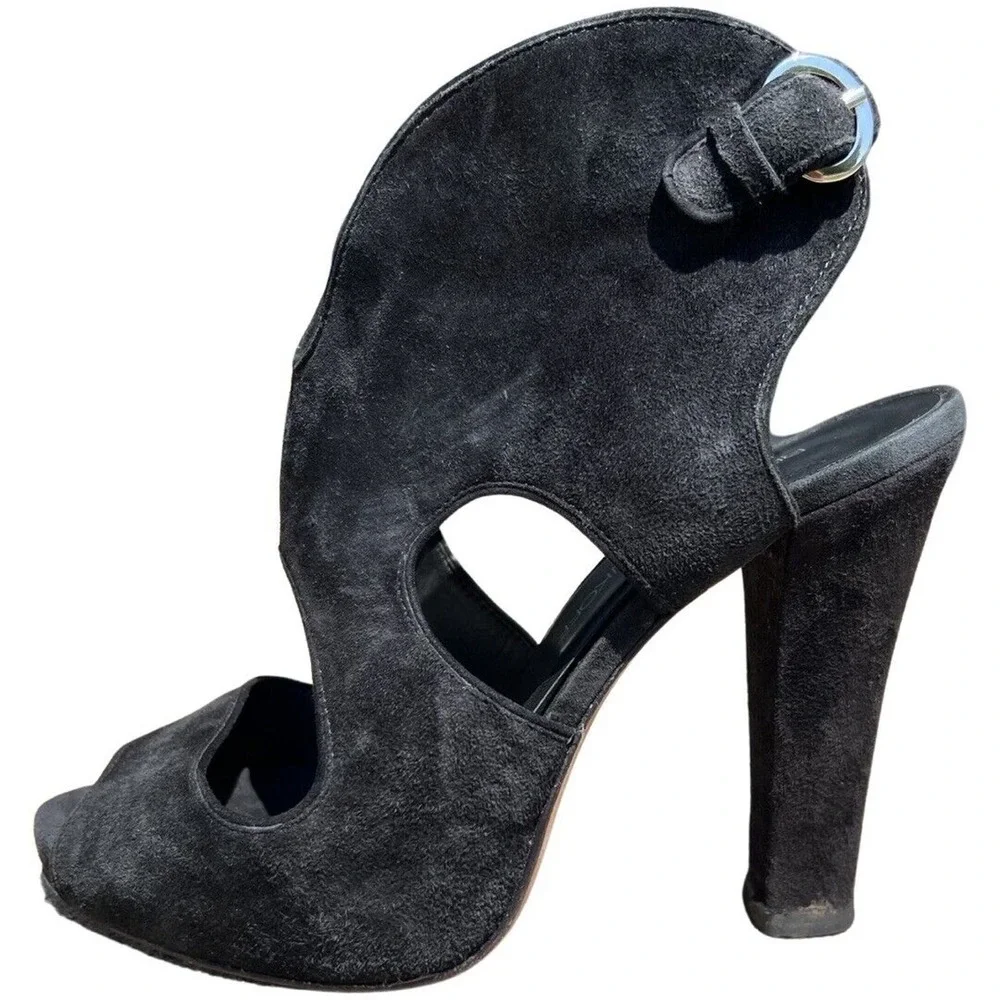 Rebecca Minkoff Demure Toe Suede Bootie High Heel Peep Size 7.5 EU 37.5 Black - Picture 6 of 11